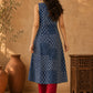 Dark Blue Printed Kantha Cotton A-line Kurta