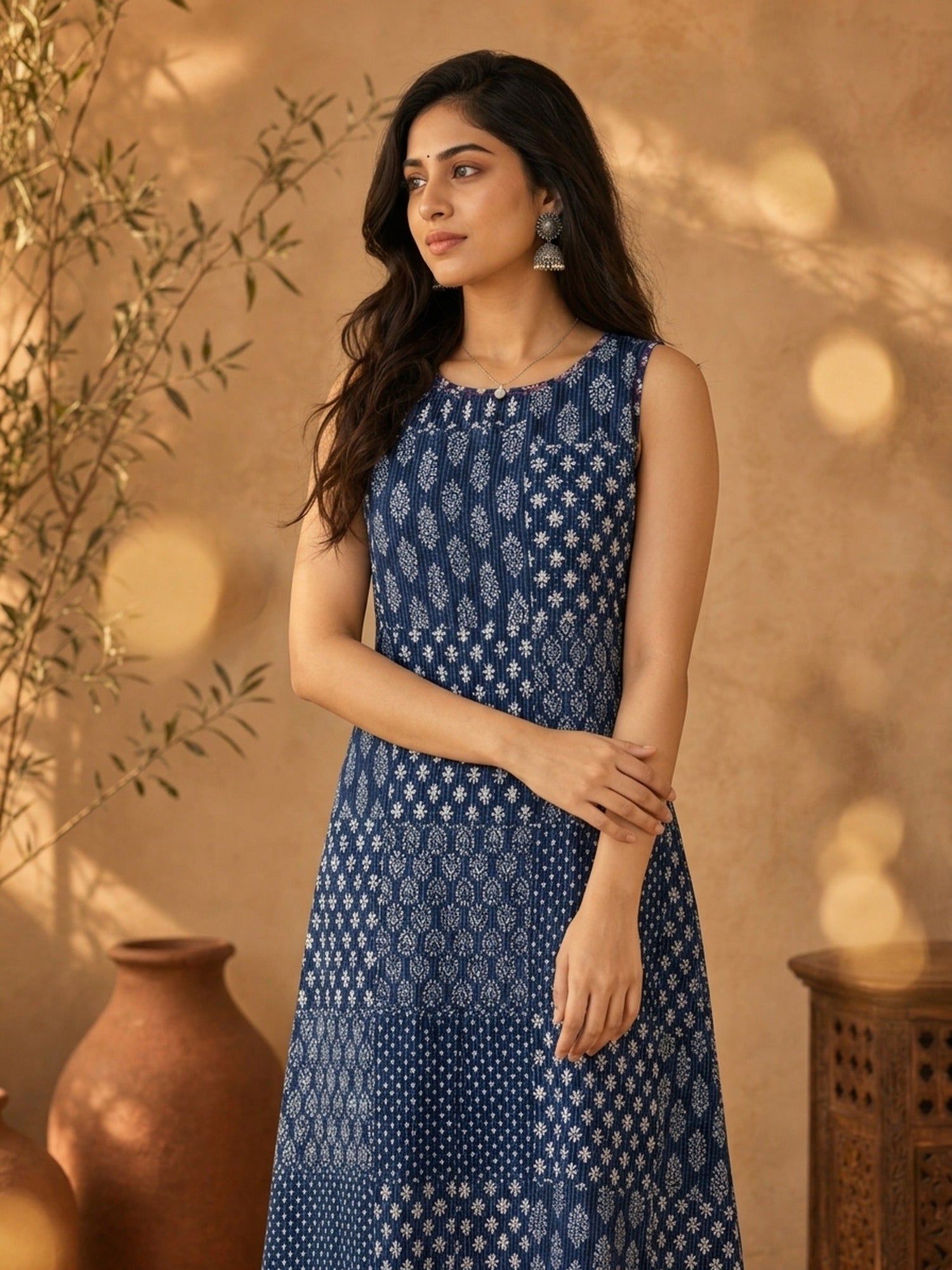 Dark Blue Printed Kantha Cotton A-line Kurta