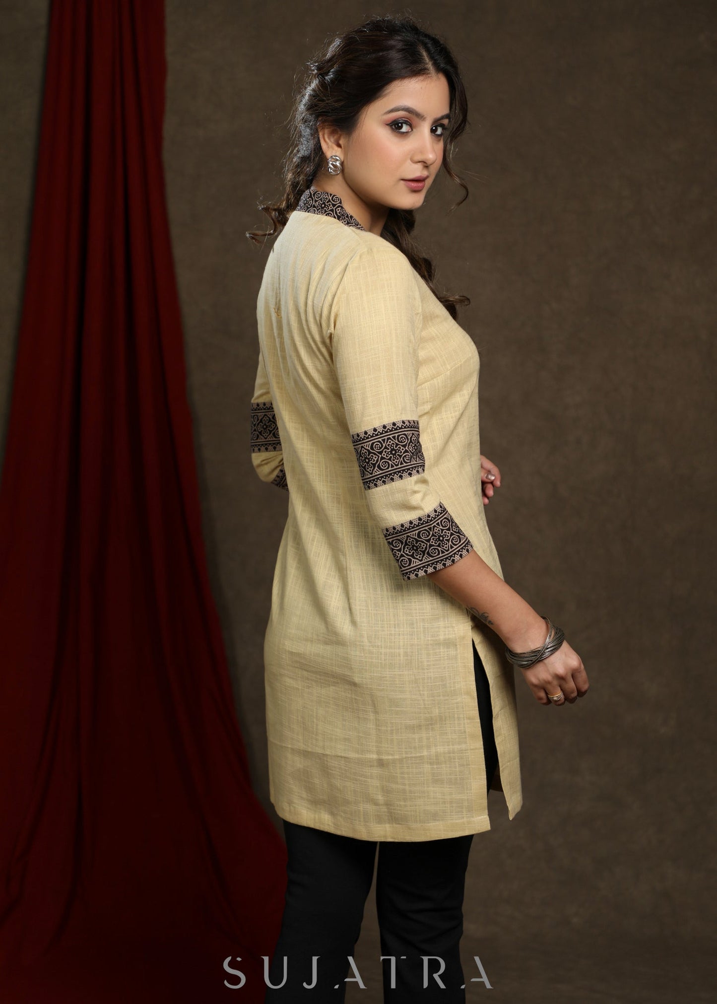 Elegant ochre yellow cotton tunic with ajrakh combination