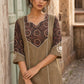 Elegant Beige Kurta with Ajrakh Print Yoke & Paisley Embroidery