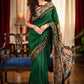 Forest green satin saree with hand painted kalamkari pallu