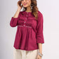 Wine Cotton Top with Pintuck Detail and Pearl Accents