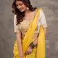 Off White and Mustard Elbow Sleeve Blouse with Contrast Piping and Hand Painted Gond Art on Back