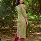 Radiant Mint Green Cotton Kurta with Minimal Floral Hand Block Motifs and Magenta Detailing