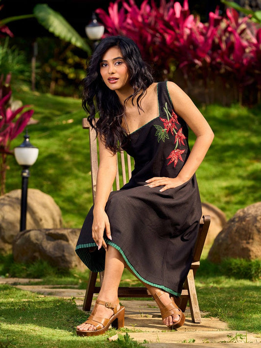 Chic Black Cotton Dress With Handcrafted Red Floral Applique And Contrast Green Detailing