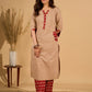 Crème Charm Mul Cotton Kurta with Printed Red Yoke and Pocket