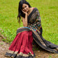 Artisanal maroon & black combination saree with hand painted Kalamkari pallu and golden borders