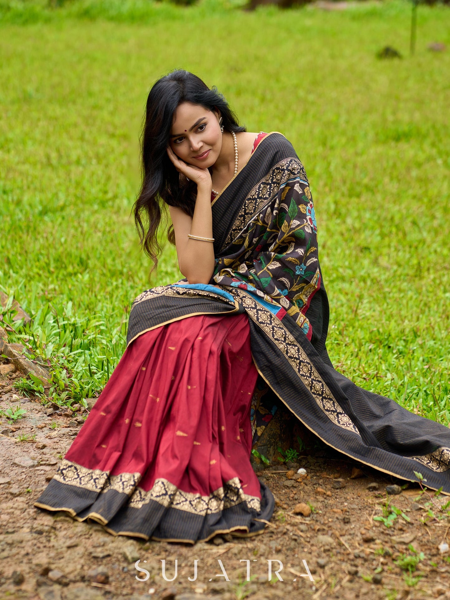 Artisanal maroon & black combination saree with hand painted Kalamkari pallu and golden borders