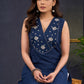 Graceful-Navy-Blue-Cotton-Sleeveless-Kurta-With-Beautiful-Floral-Embroidery-On-The-Yoke--Pant-Optional