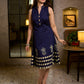 Chic Navy Blue Sleeveless Midi Dress with All-Around Block Print Floral Hem & Ivory Polka Dot Band with Box Pleat