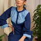 Elegant navy cotton dress with contrasting block printed yoke and cuffs