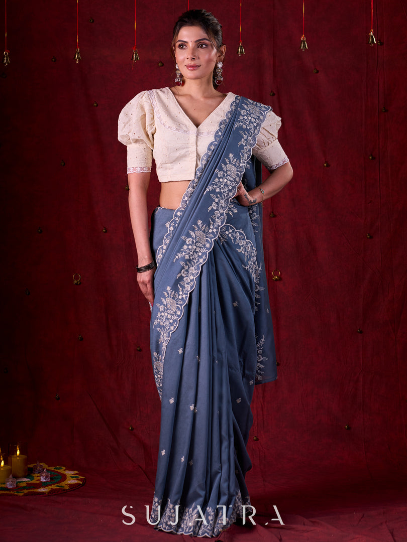 Smokey Grey Chanderi Saree with All-Over Butta Work & Exquisite Scalloped Embroidery