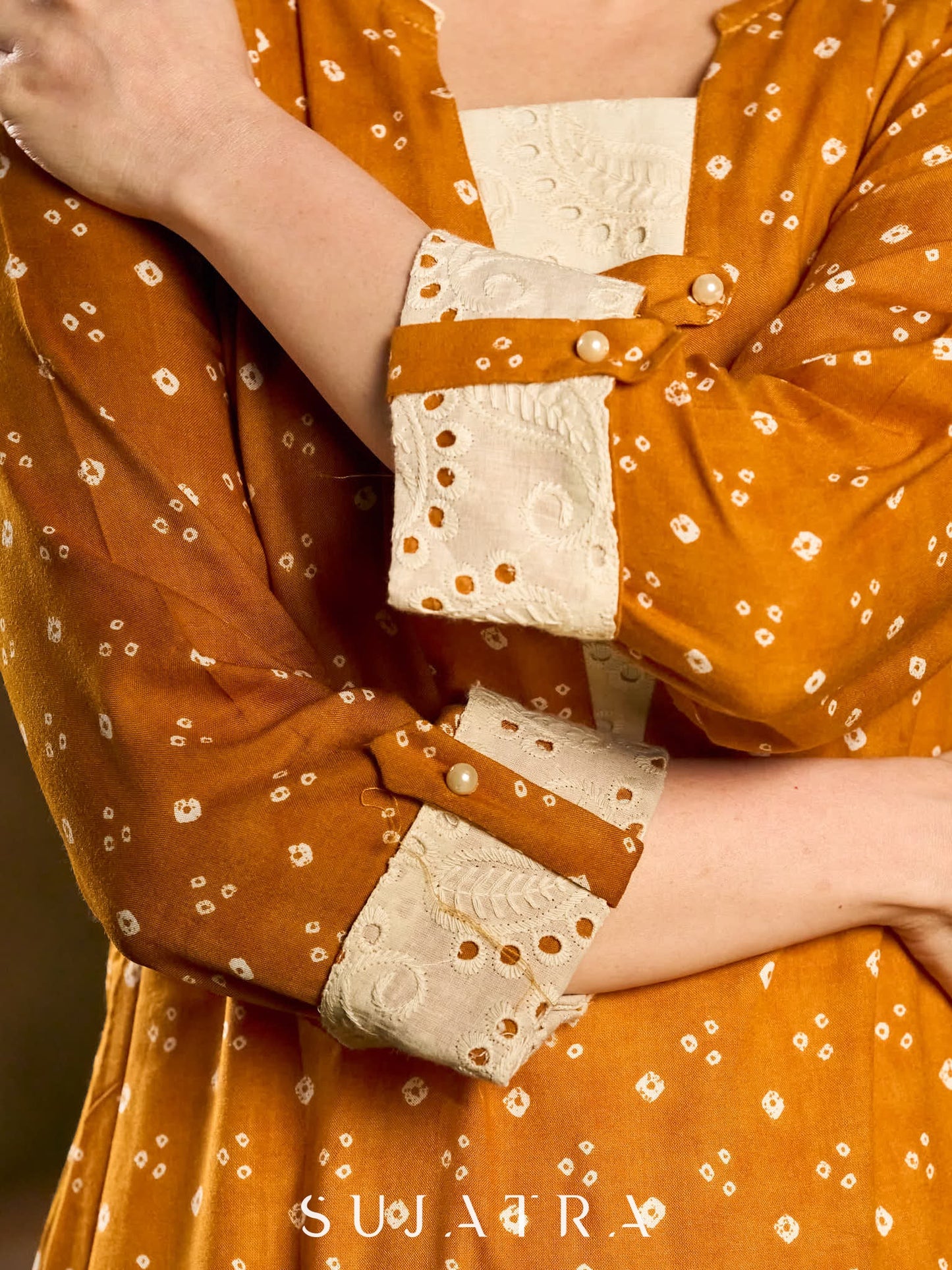 Mustard Bandhani Printed Viscose Kurta with Delicate Hakoba Accents