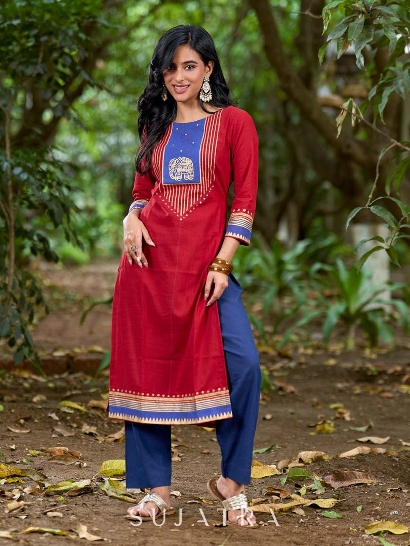 Heritage Maroon Cotton Kurta with Traditional Temple Hand Block Print
