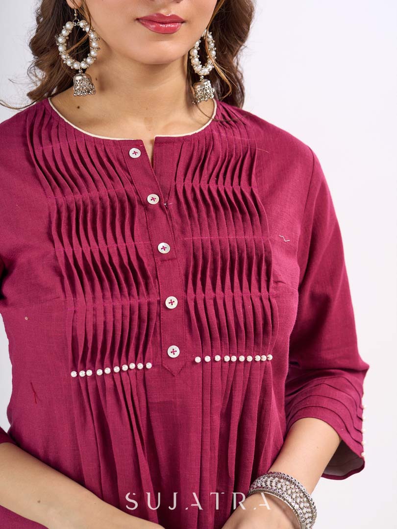 Wine Cotton Top with Pintuck Detail and Pearl Accents