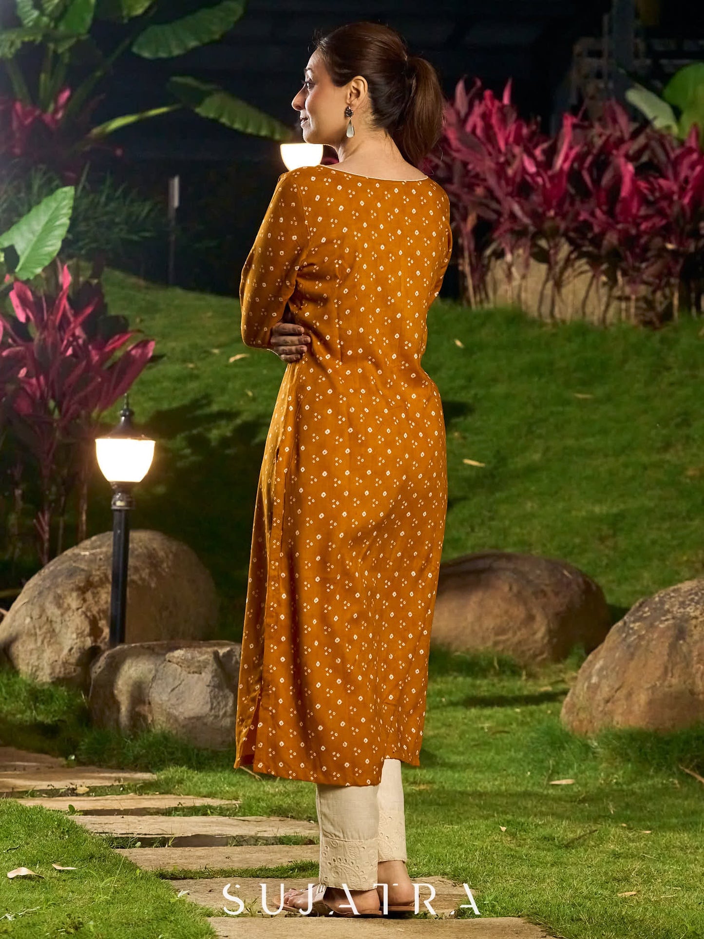 Mustard Bandhani Printed Viscose Kurta with Delicate Hakoba Accents