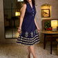 Chic Navy Blue Sleeveless Midi Dress with All-Around Block Print Floral Hem & Ivory Polka Dot Band with Box Pleat