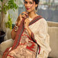Elegant White Hakoba Cotton Saree with Rust-Red Kalamkari Print & Ajrakh Chevron Border