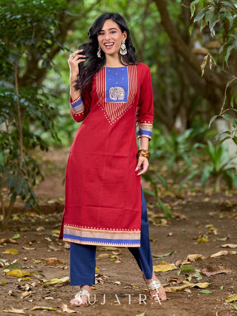 Heritage Maroon Cotton Kurta with Traditional Temple Hand Block Print