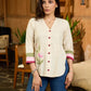 Off White Flex Cotton Top with Colorblock Sleeves and Floral Embroidery