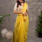 Off White and Mustard Elbow Sleeve Blouse with Contrast Piping and Hand Painted Gond Art on Back