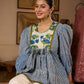 Exquisite Indigo Striped Top with Dramatic Puffy Sleeves, Contrasting Yoke & Tassel Embellishments