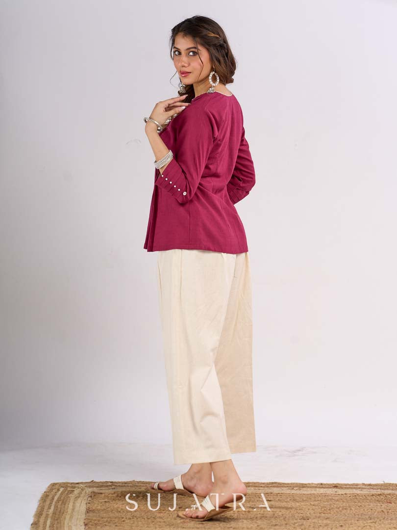 Wine Cotton Top with Pintuck Detail and Pearl Accents