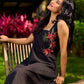 Chic Black Cotton Dress With Handcrafted Red Floral Applique And Contrast Green Detailing