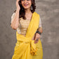 Off White and Mustard Elbow Sleeve Blouse with Contrast Piping and Hand Painted Gond Art on Back