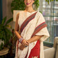 Elegant White Hakoba Cotton Saree with Rust-Red Kalamkari Print & Ajrakh Chevron Border