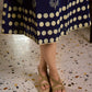 Chic Navy Blue Sleeveless Midi Dress with All-Around Block Print Floral Hem & Ivory Polka Dot Band with Box Pleat
