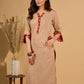 Crème Charm Mul Cotton Kurta with Printed Red Yoke and Pocket
