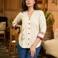 Off White Flex Cotton Top with Colorblock Sleeves and Floral Embroidery