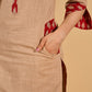Crème Charm Mul Cotton Kurta with Printed Red Yoke and Pocket