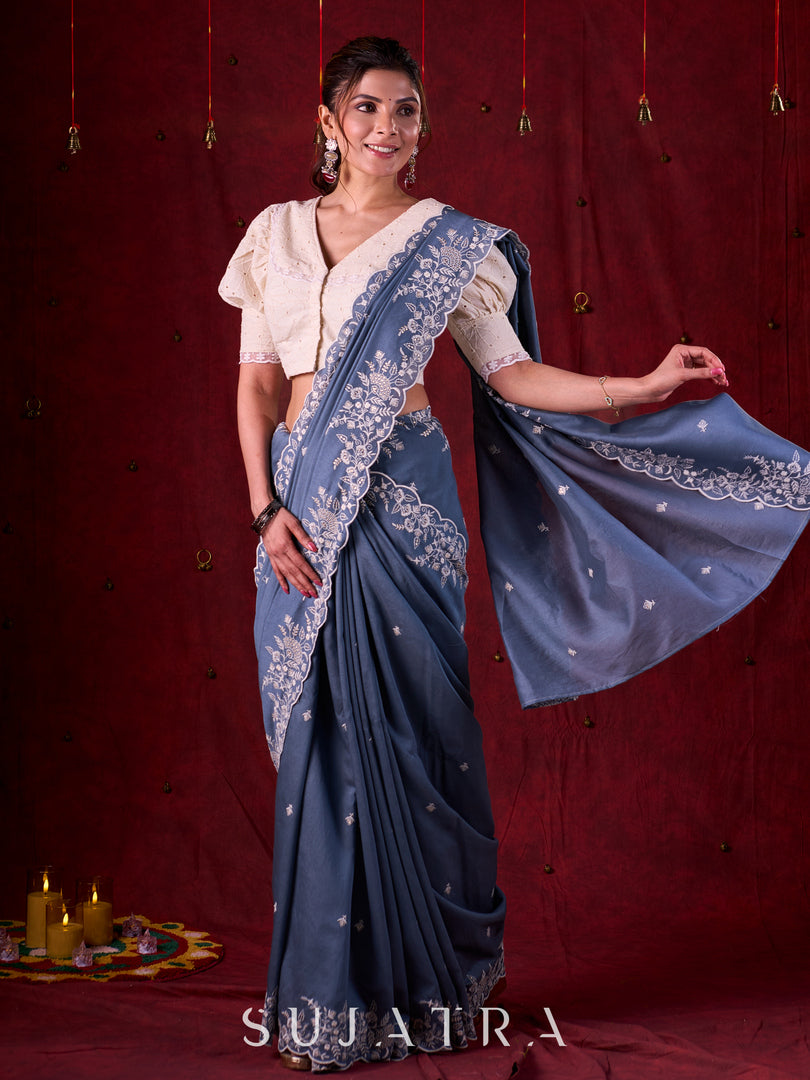 Smokey Grey Chanderi Saree with All-Over Butta Work & Exquisite Scalloped Embroidery
