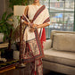 Elegant White Hakoba Cotton Saree with Rust-Red Kalamkari Print & Ajrakh Chevron Border