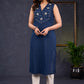 Graceful-Navy-Blue-Cotton-Sleeveless-Kurta-With-Beautiful-Floral-Embroidery-On-The-Yoke--Pant-Optional