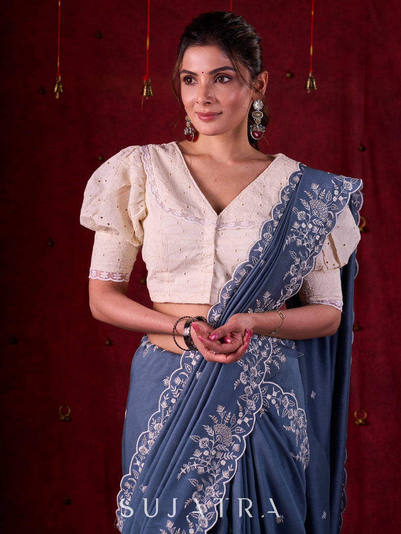 Smokey Grey Chanderi Saree with All-Over Butta Work & Exquisite Scalloped Embroidery
