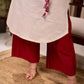 Off White Cotton Flex Apple-Cut Kurta with Red Printed Yoke and Tassel Detail