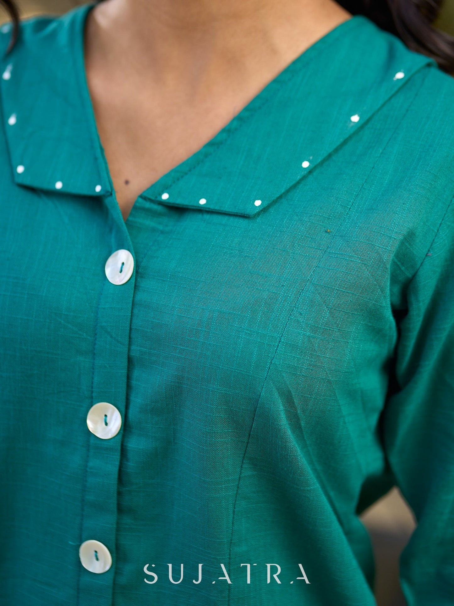 Peacock Green Cotton Shirt Featuring Bold Statement Collar