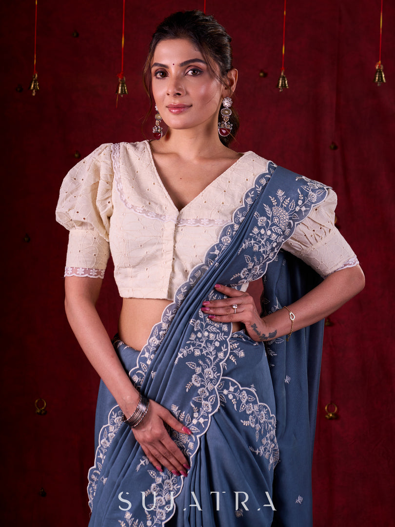 Smokey Grey Chanderi Saree with All-Over Butta Work & Exquisite Scalloped Embroidery