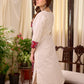 Off White Cotton Flex Apple-Cut Kurta with Red Printed Yoke and Tassel Detail