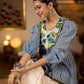 Exquisite Indigo Striped Top with Dramatic Puffy Sleeves, Contrasting Yoke & Tassel Embellishments