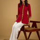 Elegant maroon cotton top featuring mirror work and side collar.