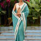 Vibrant Sea Green Modal Saree with Ivory Chevron Border & Minimal Hand Embroidery