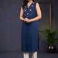 Graceful-Navy-Blue-Cotton-Sleeveless-Kurta-With-Beautiful-Floral-Embroidery-On-The-Yoke--Pant-Optional