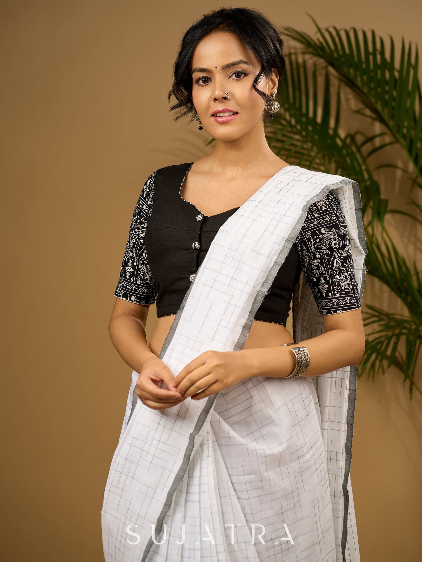 Stunning black cotton hand embroidered blouse with warli printed sleeve