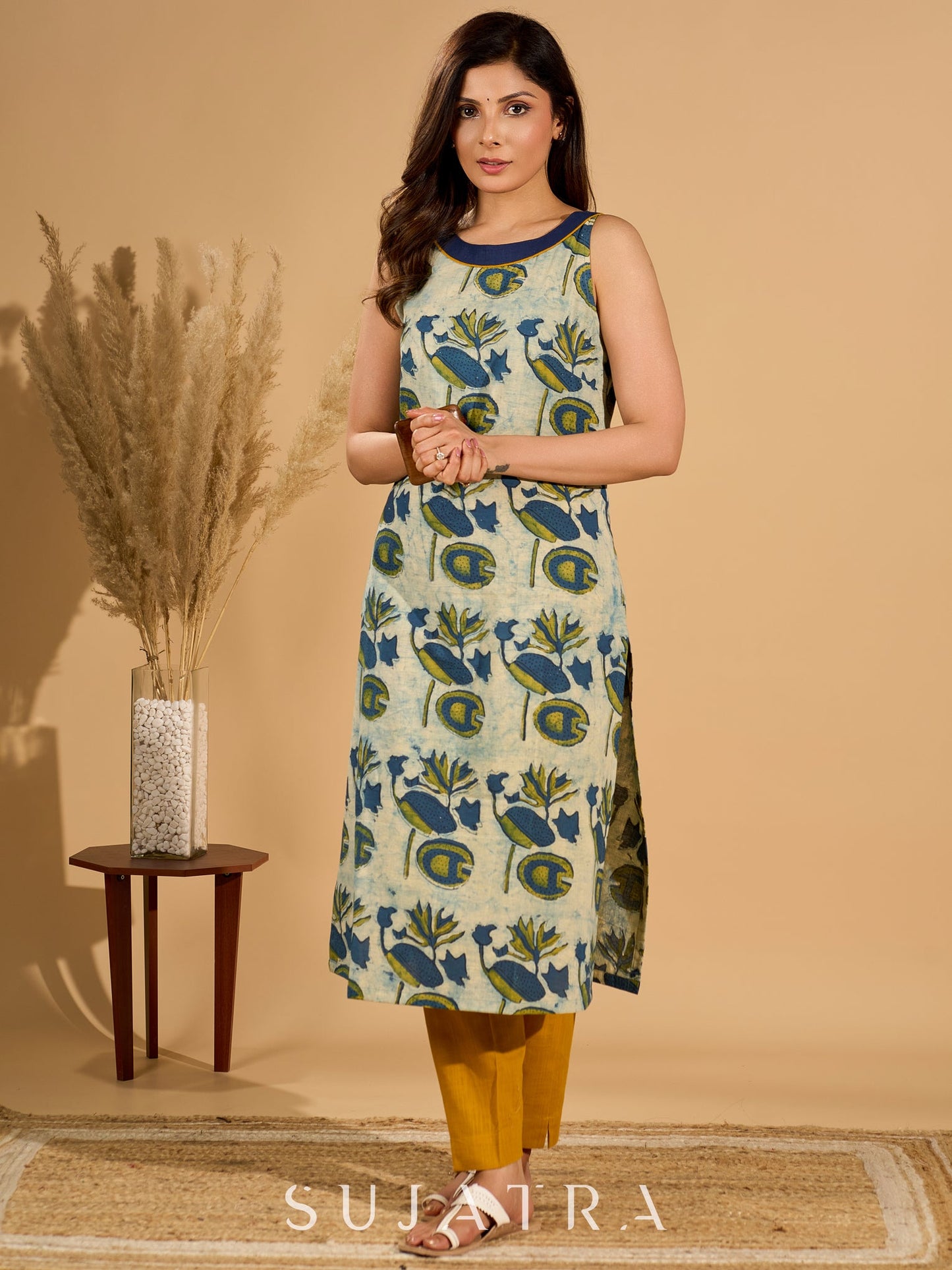 Tranquil Blue Mul Cotton Printed Kurta with Elegant Halter Neck