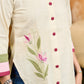 Off White Flex Cotton Top with Colorblock Sleeves and Floral Embroidery