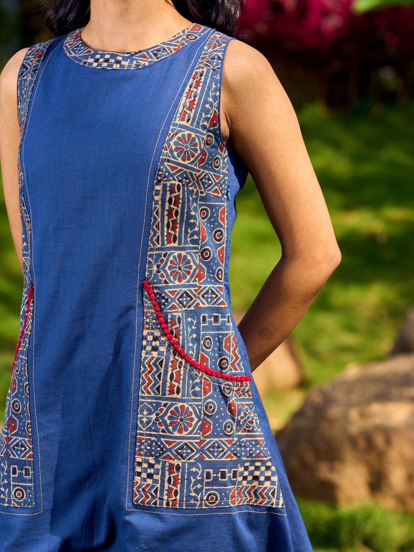 Classic Indigo Blue Cotton Dress Featuring Ajrakh Printed Panels and Contrast Red Highlights